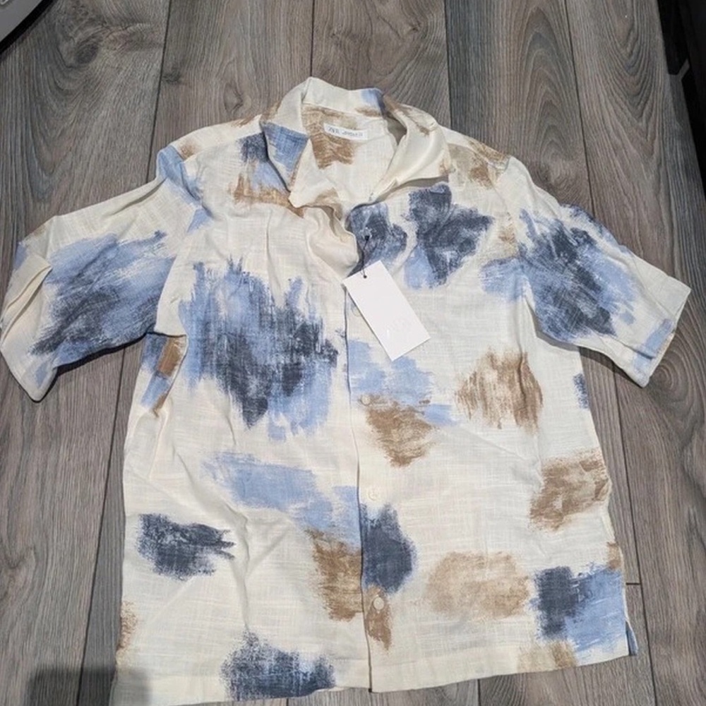 Men's Short Sleeve Button-Up Shirt - Blue & Brown Abstract Print